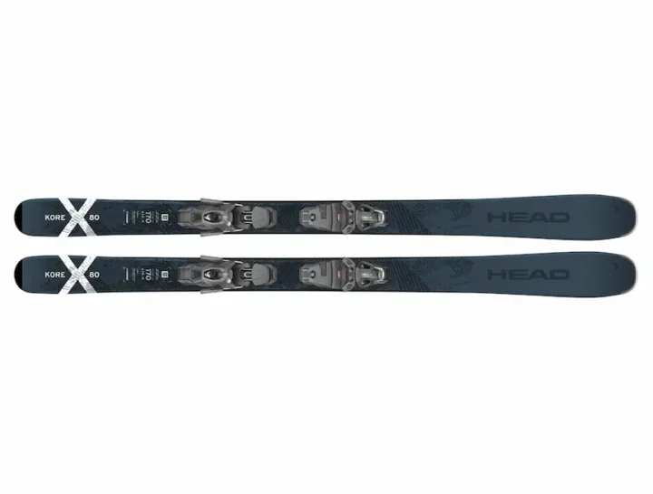 Overhead view of dark blue HEAD Kore 80 skis with integrated bindings on a white background, available at BSR Ski Shop in Bansko.