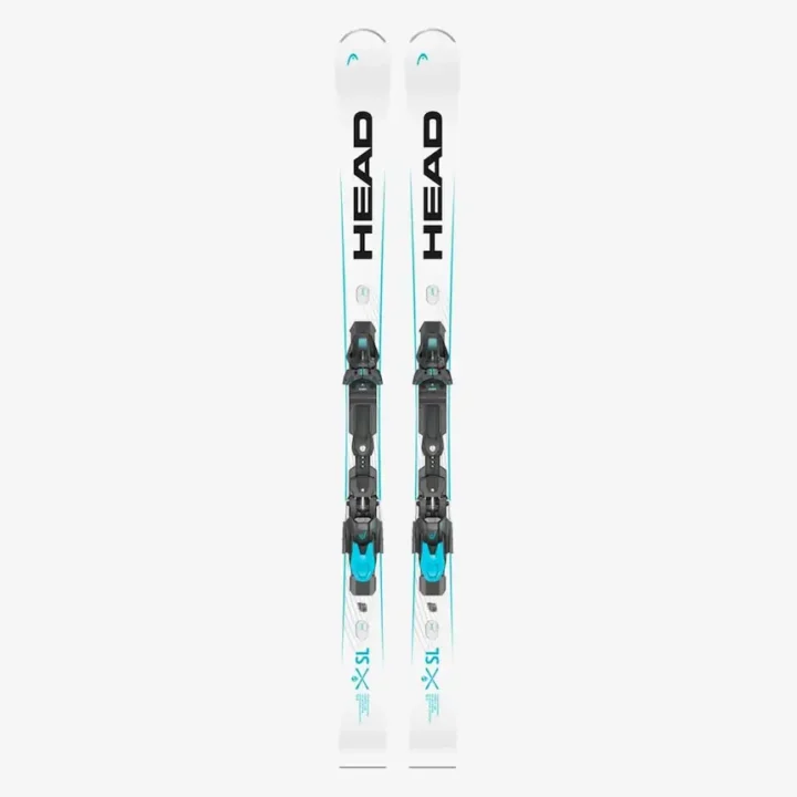 Pair of white HEAD XSL alpine skis with black bindings and aqua accents on a white background, offered by BSR Ski Shop in Bansko