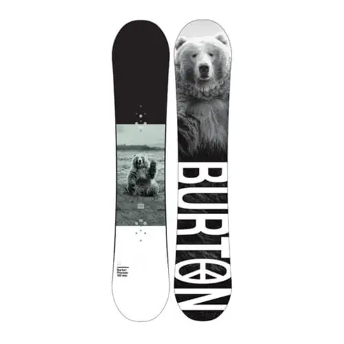 Top and base view of a black and white Burton snowboard featuring a monochrome bear photo on the top sheet and a matching bear portrait with bold BURTON logo on the base.