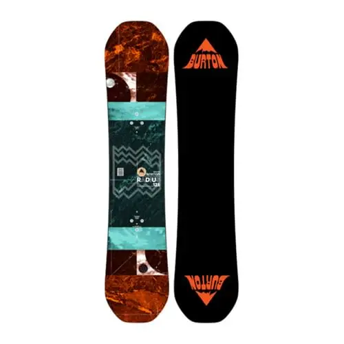 Top and base view of a Burton RDU 23 freestyle snowboard featuring abstract brown and teal geometric graphics on the top sheet and a black base with orange Burton mountain logo.