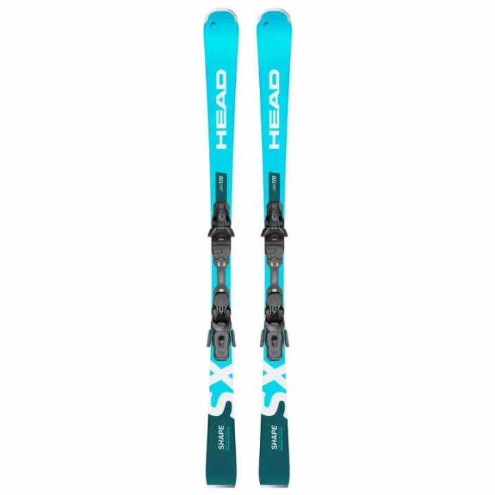 Front view of a pair of HEAD Shape SX all-mountain skis in blue gradient with white HEAD and SX logos, featuring grey integrated bindings and twin-tip design.