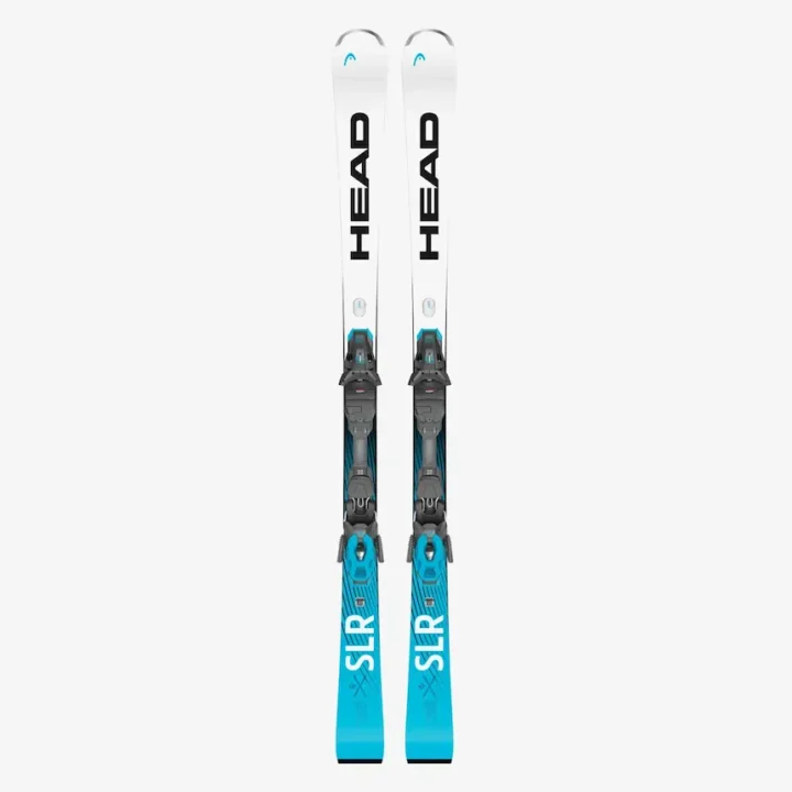 Front view of a pair of Head SLR Allride skis in white and blue, featuring bold HEAD branding, integrated grey bindings, and a responsive twin-tip design.