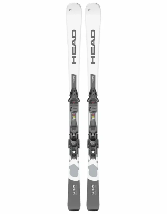 Pair of Head Shape CX skis in white and grey with bindings, shown vertically on a white background, perfect for all-mountain alpine skiing