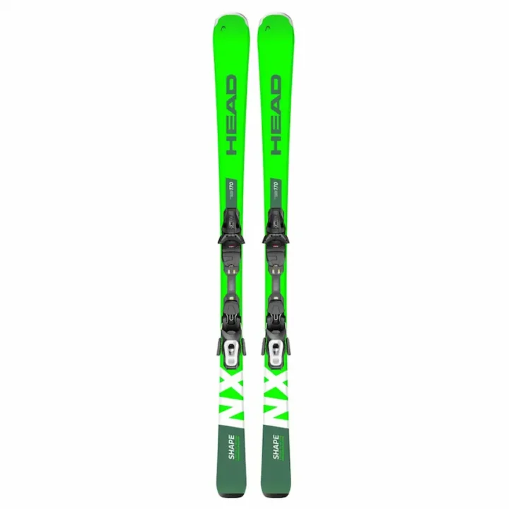 Pair of bright green Head Shape NX skis with bindings, displayed vertically on a white background, ideal for alpine skiing enthusiasts.