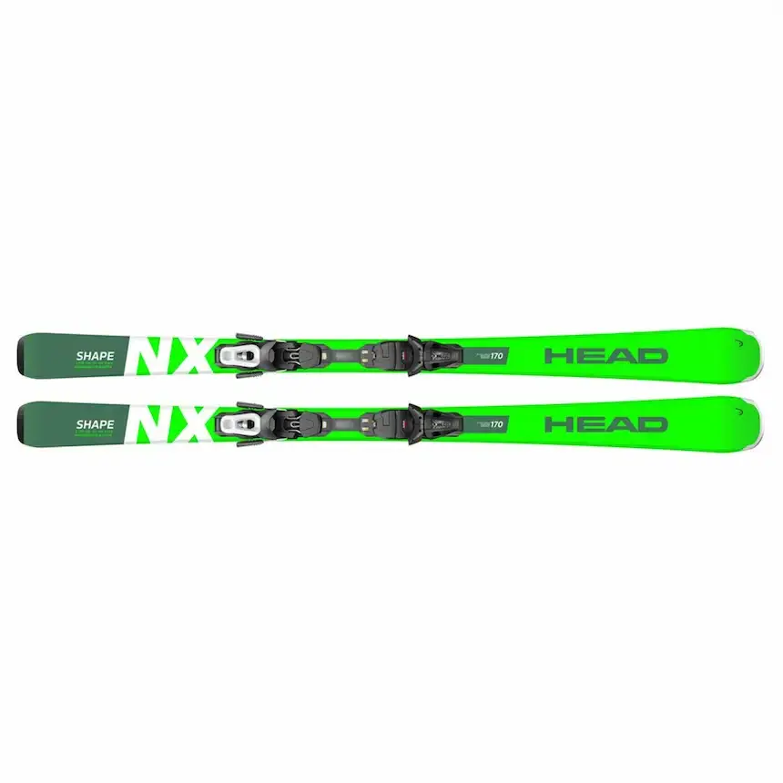 Pair of Head Shape NX skis with bindings, displayed vertically on a white background, ideal for alpine skiing enthusiasts.
